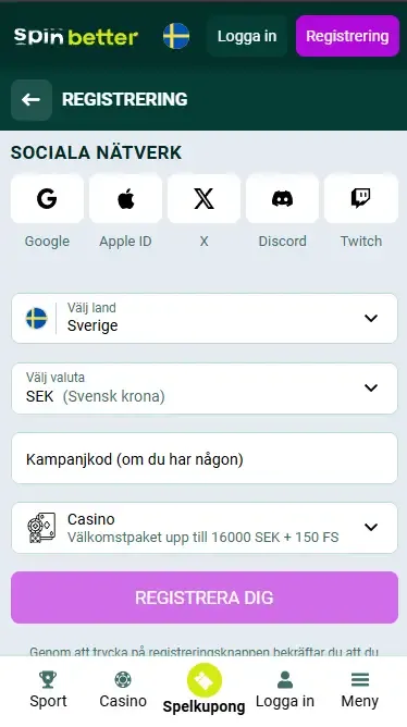 Spinbetter Sverige-registrering via sociala nätverk