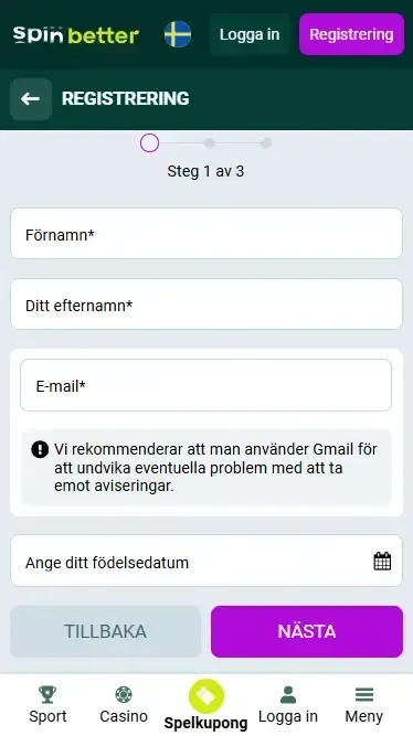 E-postregistrering hos Spinbetter i Sverige