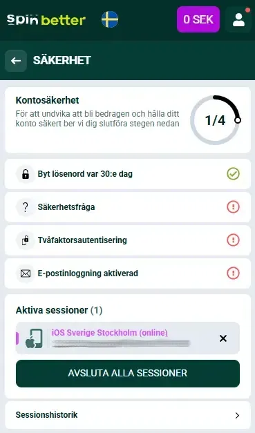 Spinbetter Sverige: Kontoskydd