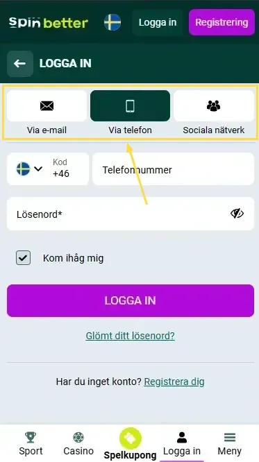 Spinbetter SE: Sätt att logga in