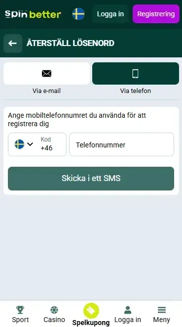 Lösenordsåterställning via telefonnummer hos Spinbetter SE
