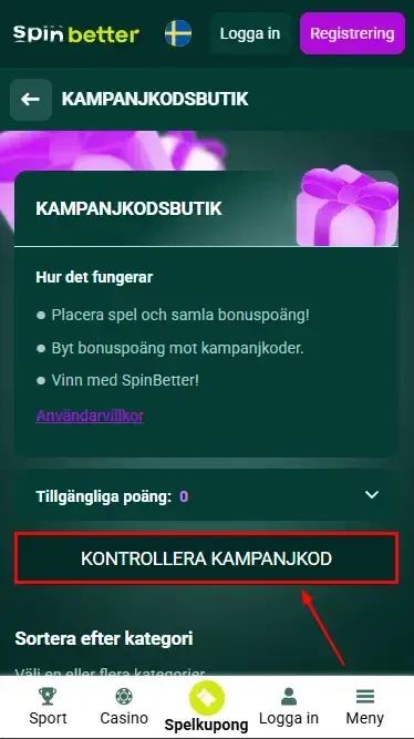 Spinbetter Sverige: Kontroll av promokod