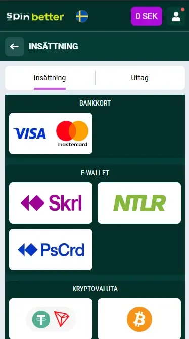 Spinbetter Sverige Insättningsmetoder