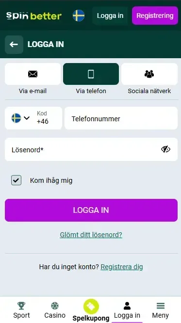 Spinbetter Sverige inloggning via telefonnummer