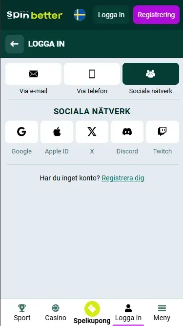 Spinbetter Sverige inloggning via sociala nätverk