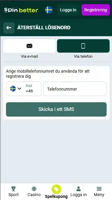 Lösenordsåterställning via telefonnummer