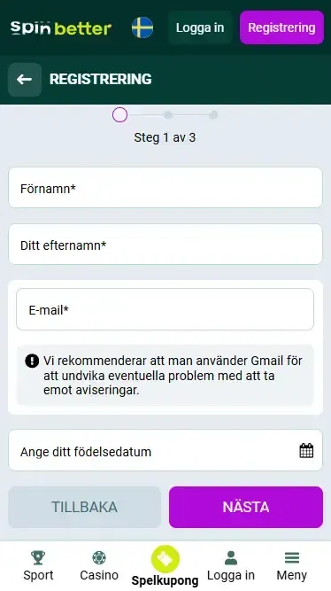 Spinbetter Sverige-registrering via e-post