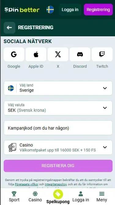 Spinbetter-registrering via sociala nätverk
