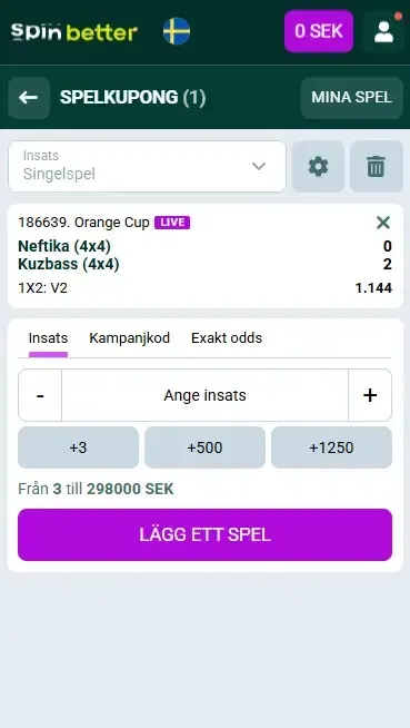 Spinbetter Sverige volleyboll bettsedel
