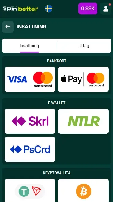 Spinbetter Sverige Insättningsalternativ