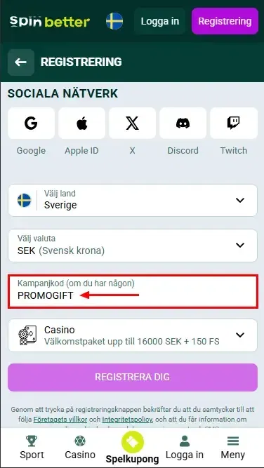 Spinbetter Sverige kampanjkod