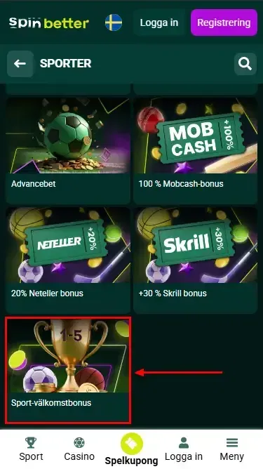 Spinbetter SE Sportspel Välkomstbonus