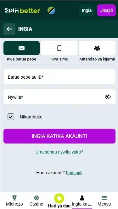 Kuingia Spinbetter kupitia Barua Pepe nchini Tanzania