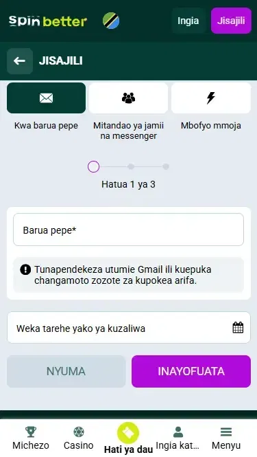 Usajili wa Spinbetter kupitia Barua Pepe nchini Tanzania