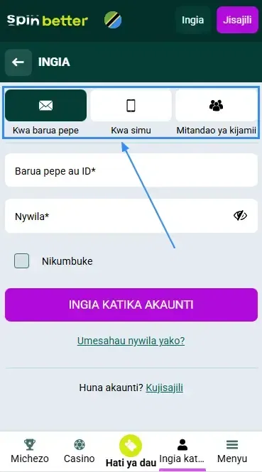 Spinbetter TZ: Njia za Kuingia