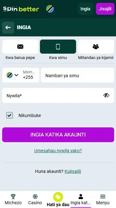 Kuingia Spinbetter Tanzania kupitia Namba ya Simu