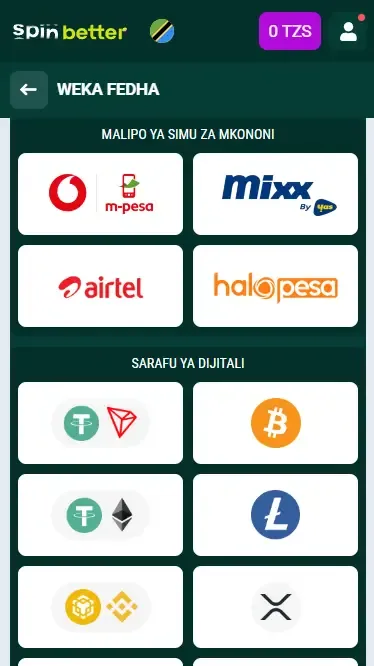 Spinbetter Tanzania: Chaguo za Kuweka Pesa