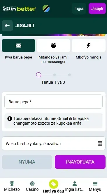 Usajili wa Spinbetter Tanzania Kupitia Barua Pepe