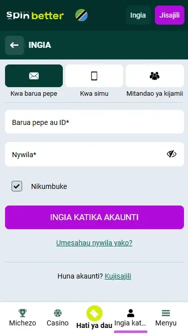 Spinbetter Tanzania Login via Email