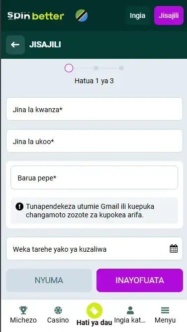 Usajili wa Spinbetter Tanzania Kupitia Barua Pepe
