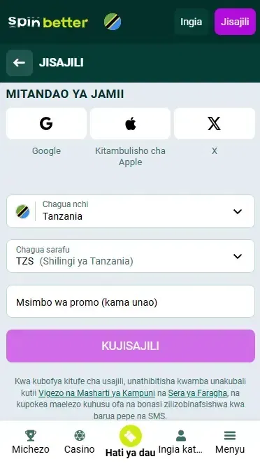 Usajili wa Spinbetter Tanzania Kupitia Mitandao ya Kijamii