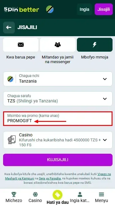 Kodi ya Promosheni ya Spinbetter Tanzania