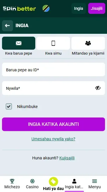 Spinbetter Tanzania Kuingia kwa Barua pepe