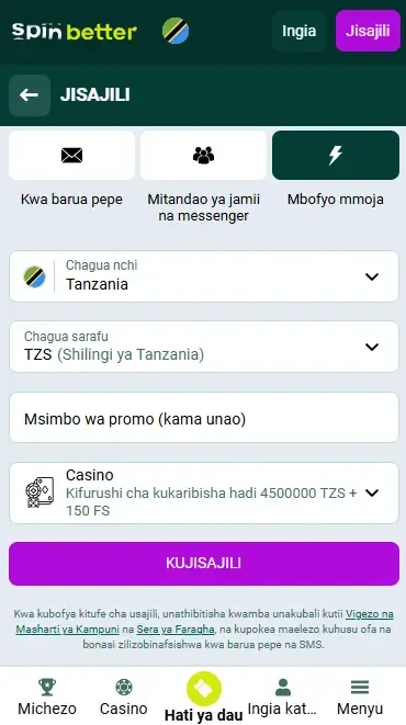 Usajili wa Spinbetter kwa Mbofyo Mmoja