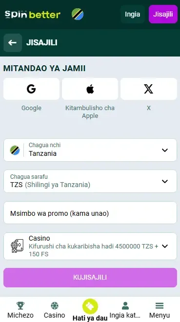 Usajili wa Spinbetter kupitia Mitandao ya Kijamii