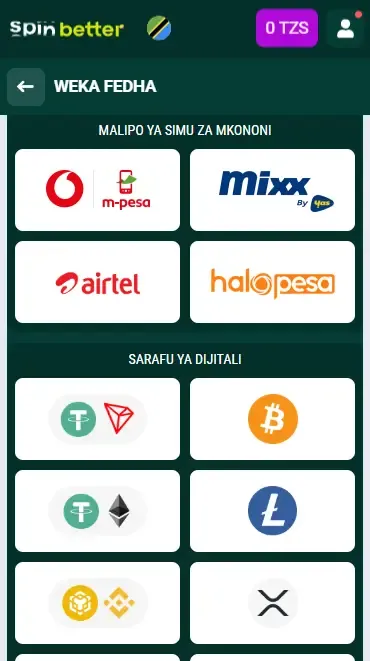 Chaguo za Amana za Spinbetter Tanzania