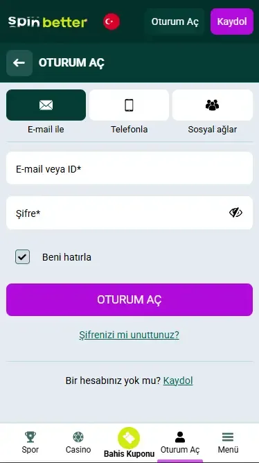 Spinbetter E-posta ile Giriş (Türkiye)