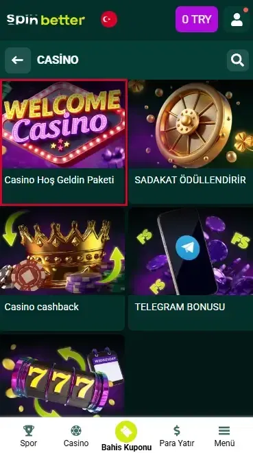 Spinbetter Türkiye: Casino Hoş Geldin Bonusu