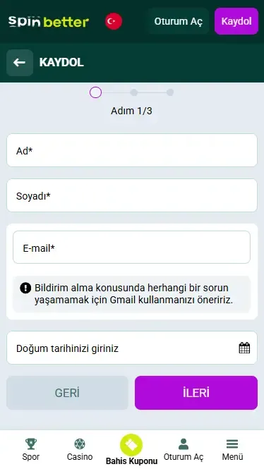 Spinbetter Türkiye'ye e-posta ile kayıt