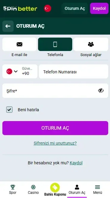 Spinbetter Türkiye Telefon Numarası ile Giriş