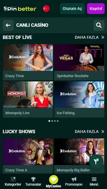 Spinbetter Türkiye: Canlı Casino