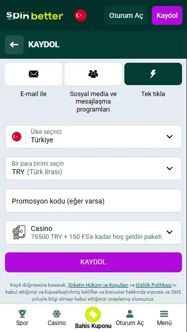 Spinbetter Türkiye'ye kayıt