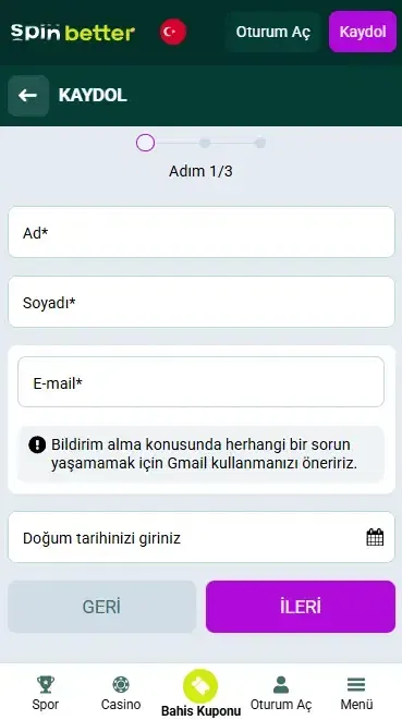 Spinbetter Türkiye E-posta ile Kayıt