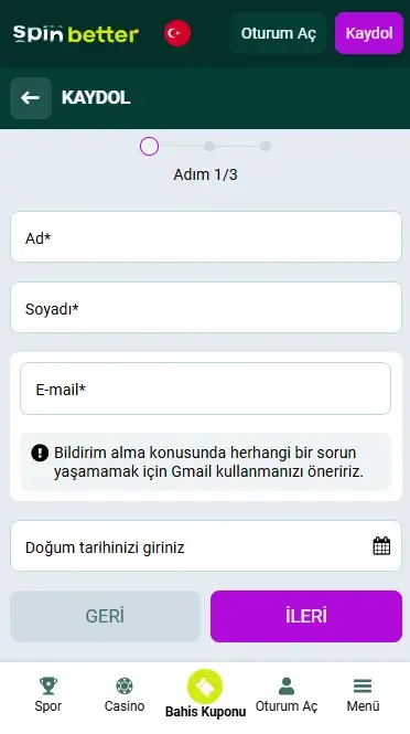 Spinbetter Türkiye E-posta ile Kayıt