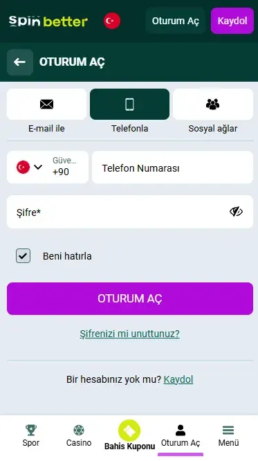 Spinbetter Türkiye Telefon Numarası ile Giriş