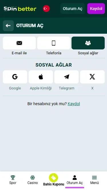 Spinbetter Türkiye Sosyal Ağlar ile Giriş