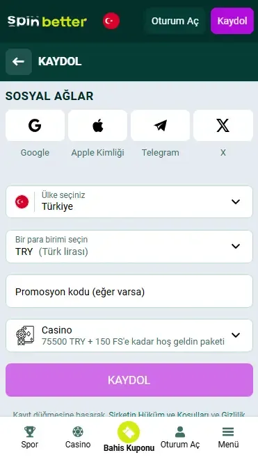 Spinbetter Türkiye Sosyal Ağlar ile Kayıt