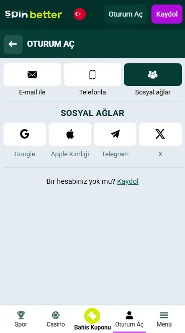 Spinbetter Türkiye: Sosyal Ağlar Üzerinden Giriş