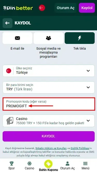 Türkiye için Spinbetter Promosyon Kodu