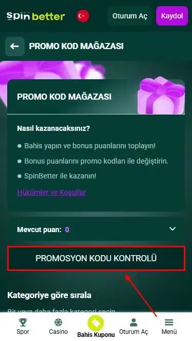 Spinbetter Türkiye: Promosyon Kodu Kontrolü