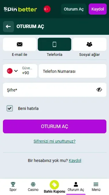 Spinbetter Türkiye Telefon Numarası ile Giriş