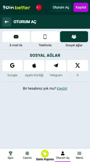 Spinbetter Türkiye Sosyal Ağlar ile Giriş