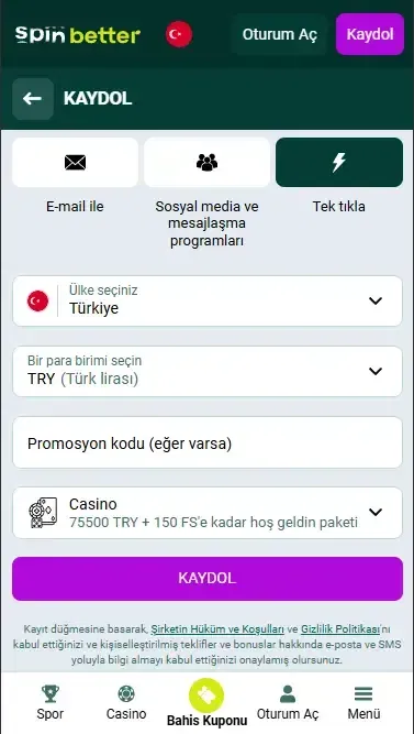 Spinbetter Tek Tıkla Kayıt