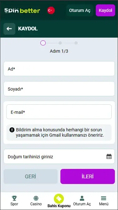 Spinbetter Türkiye E-posta ile Kayıt