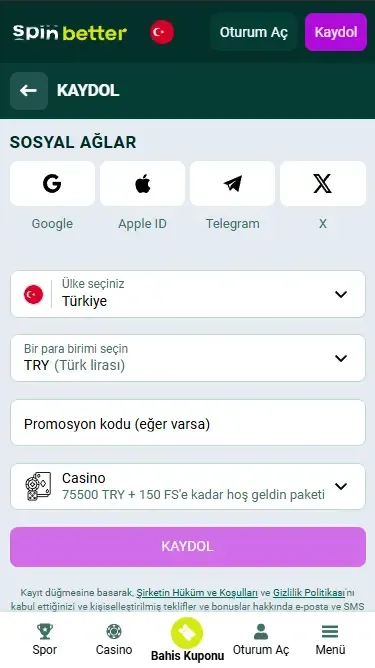Spinbetter Sosyal Ağlar Üzerinden Kayıt