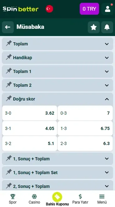 Spinbetter Türkiye Doğru Skor (Voleybol)